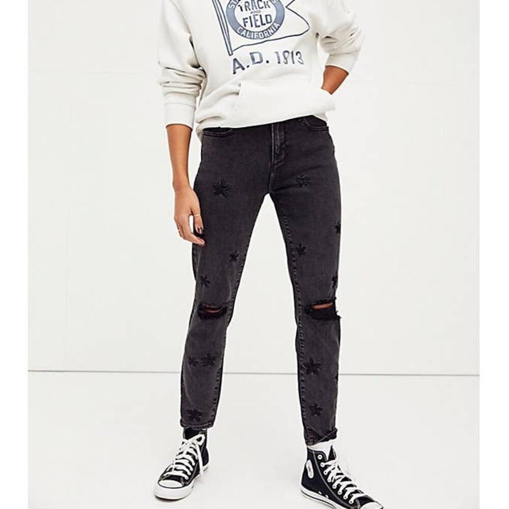 Free People Driftwood Gizelle Jeans In Black Star Destructed Embroidered